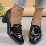 Black Pu Leather Heel Pumps Women 2025 Retro Metal Decoration Slip On Pumps Woman Square Toe Non Slip High Heels Shoes Ladies