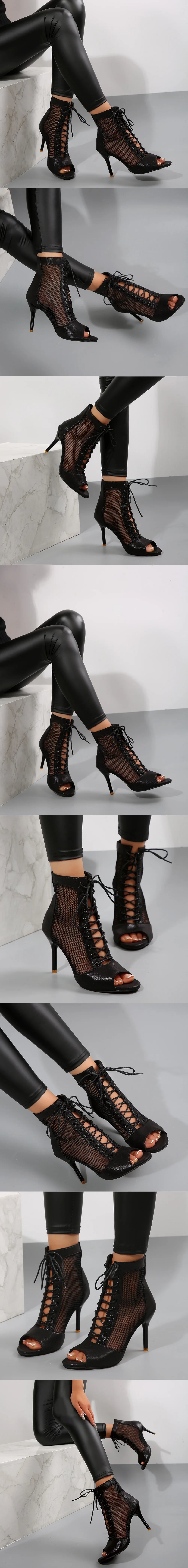 EUR Size 43 Sexy High Heels Dance Shoes Black Lace-up Thin Heeled Stiletto Ankle Boots Silver Peep Toe Summer Boots Party Shoes