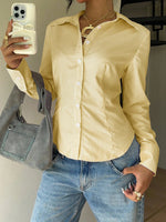 Women's Elegant Back Tie Design Long Sleeve Shirt Office Lady Slim Fit Stripe Turn-down Collar Blouse Spring Fall