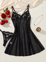 Black Floral Lace Striped Sheer Mesh Babydoll Lingerie Set Slip Nightdress With Matching Thong Women Sexy Sleepwear ZA825066