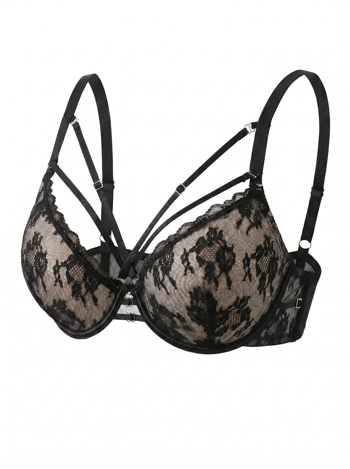 Sexy Black Lace Push Up Bra Women Deep V Plunge Cross Strap Skin-Friendly Mesh Side Smoothing No Dig Comfort Underwear MR3641