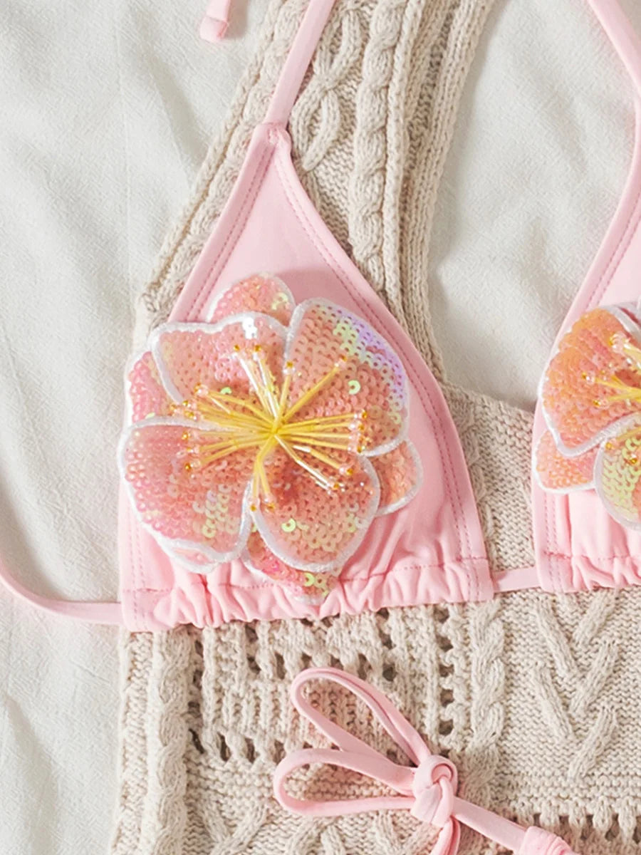 3D Flowers Halter Mini Micro Thong Bikini Female Swimsuit Women Swimwear Two-pieces Bikini Set High Cut Bathing Suit Swim Lady
