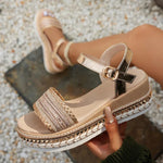 Gold Platform Wedgs Sandals Women Summer Woven Rivets Thick Bottom Sandles Woman Fashion Crystal Ankle Buckle Sandalias Mujer 42
