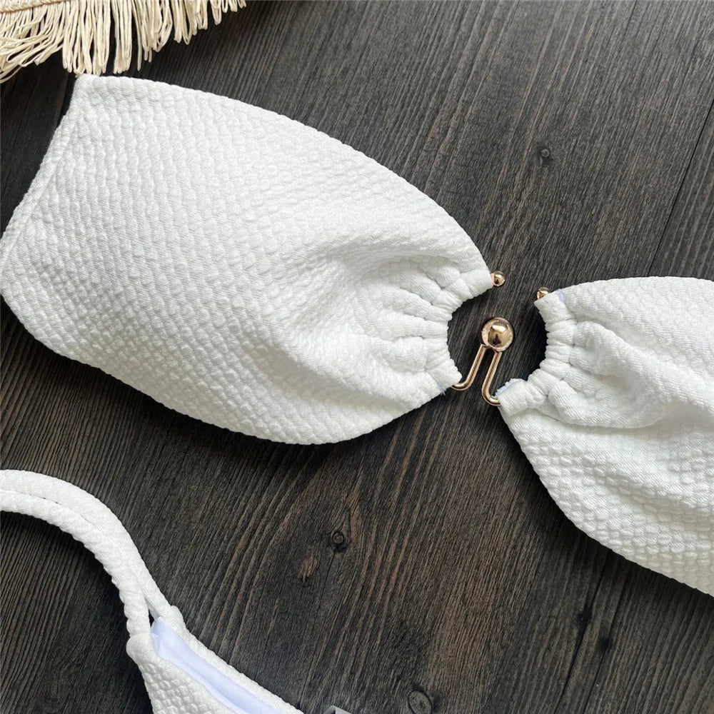 Solid White Texture Metal Ring Swimwear Bandeau Bikini Micro Mini Thong Sexy Swimsuit Women 2026 Bather Brazilian Bikinis Sets