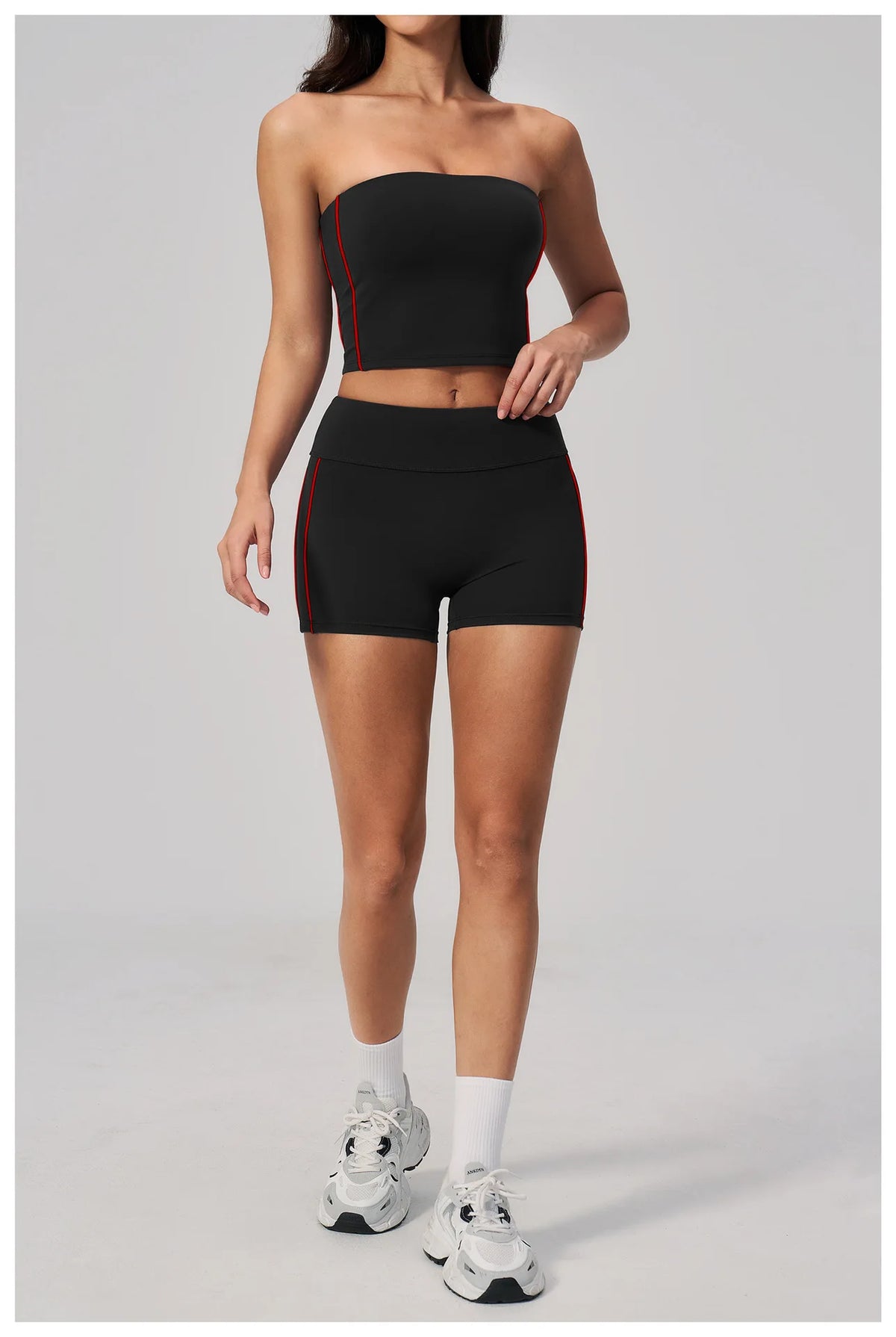 Summer Tight Yoga Suit Women Color Contrast Strapless Slim Sports Tank Top Shorts Fitness Suit Gym Running Workout Tracksuit