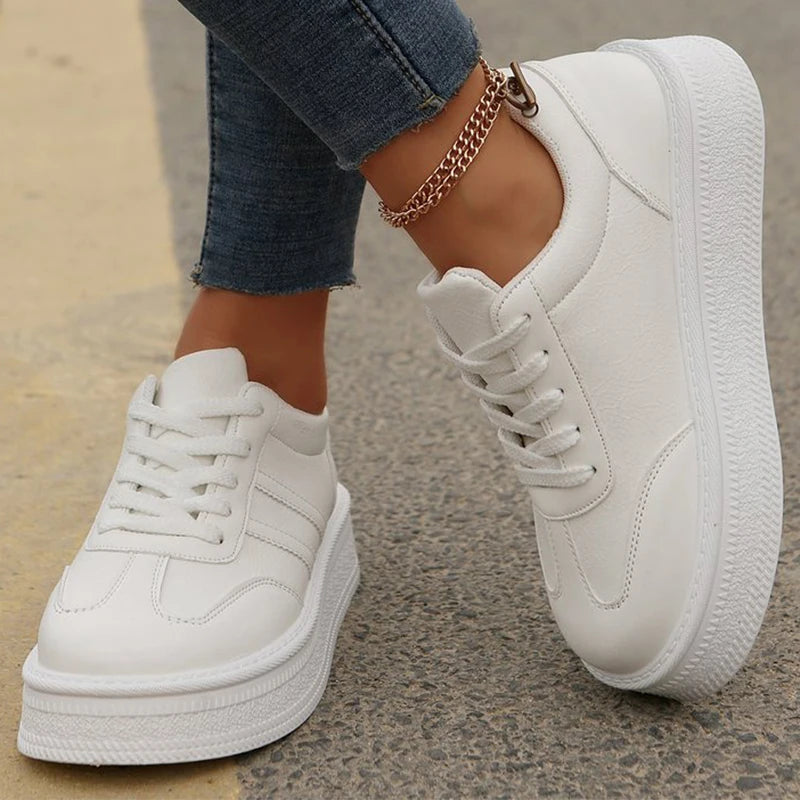 2025 White Platform Sports Shoes Women Autumn Winter Striped Lace Up Sneakers for Woman Sewing Pu Leather Vulcanize Shoes Mujer