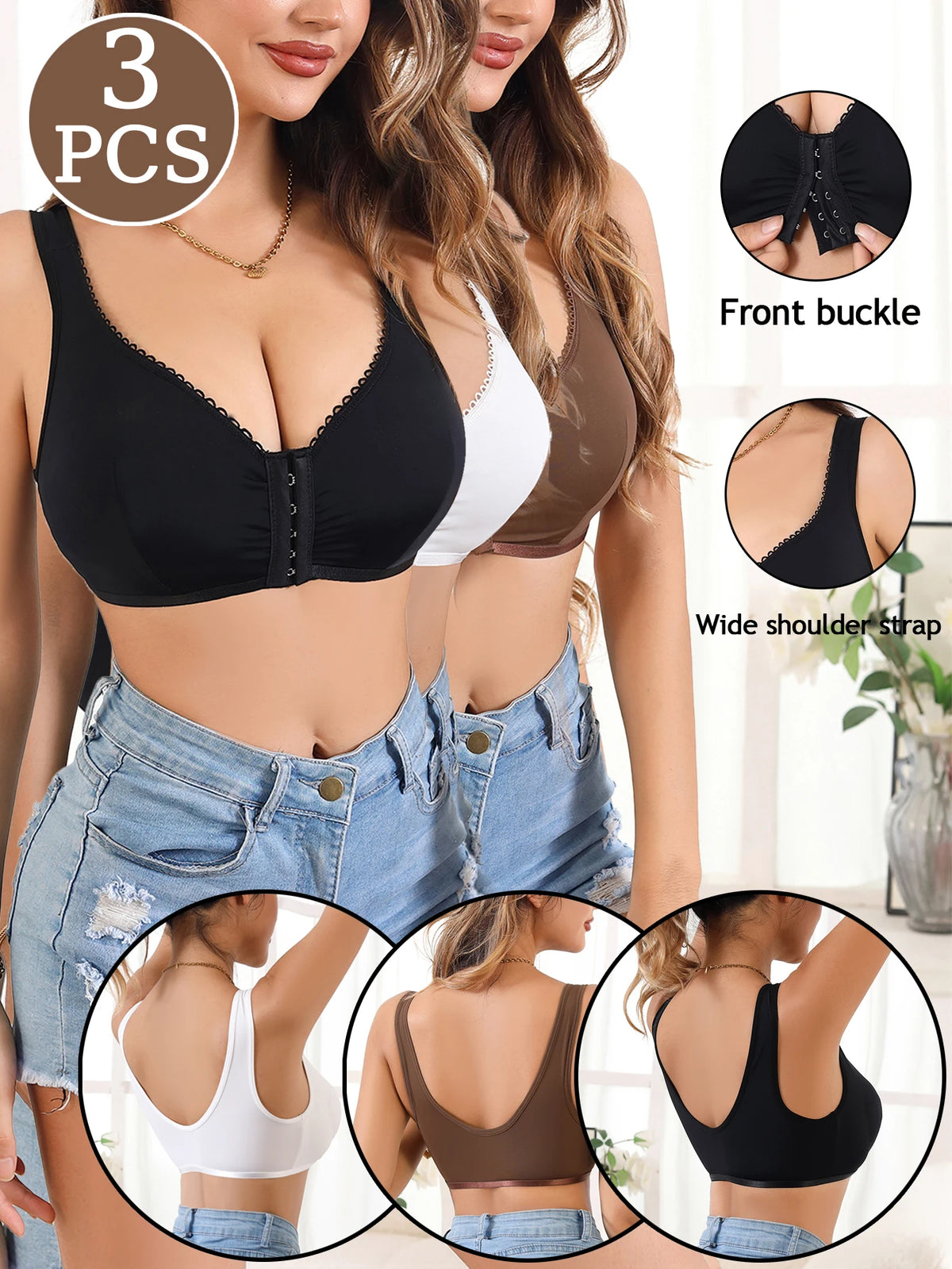 3Pcs/Set Summer Solid Wireless Women's Bra Bralette Front Clasp Push up Bra Comfort Unpadded Bras
