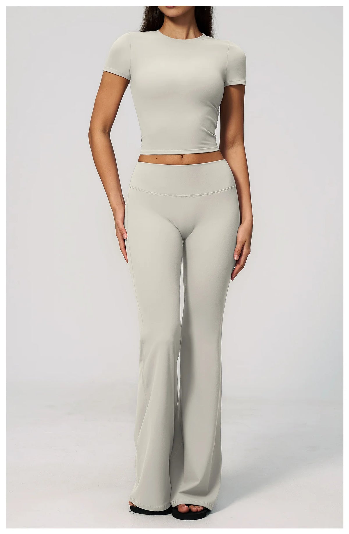 Creamy 2 Pieces Workout Suit Women Yoga Outfits Short Sleeve O Neck Slim Sports T Shirts High Waist Flare Pants Gym Fitness Sets
