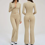 2PCS Yoga Set Gym Clothes Sportswear Seamless Women Fitness Long Sleeved Tracksuits Sports Workout Gym Flared Leggings Athletic
