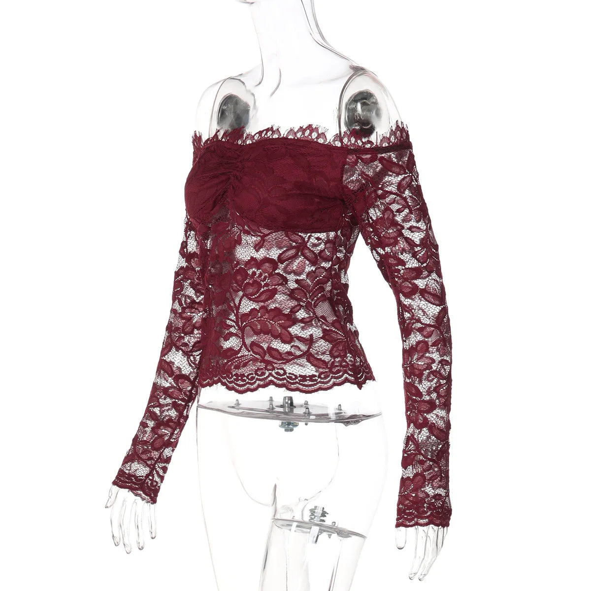 FDYOUI 2026 Spring Summer Wine Red Lace T-shirts for Women Slash Neck Slim Crop Tops Sexy Elegant See-through Short Tee Shirt
