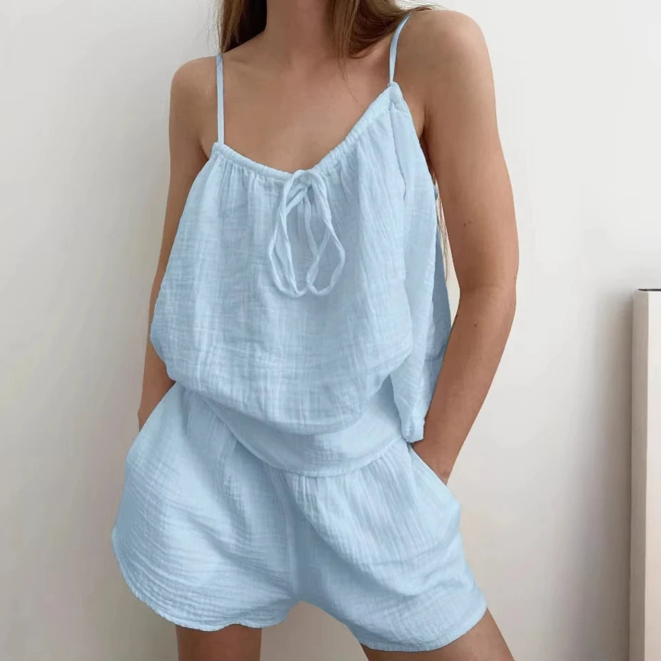 Summer New Women's Pure Cotton Pajamas and Shorts Two-Piece Set Casual and Comfortable Home Wear Pure Cotton Suspender Y2K Hot
