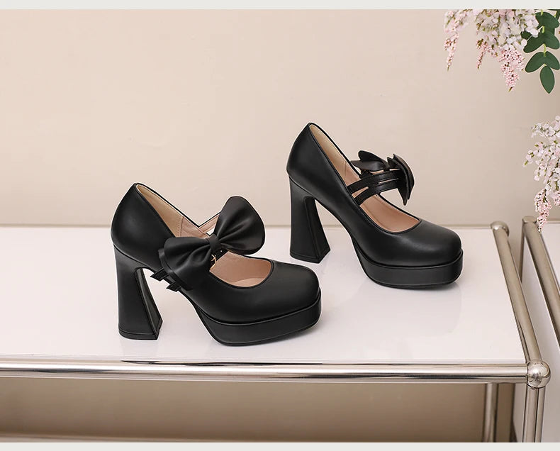 Plus Size Women's Bow Mary Janes Platform Chunky Heels Ankle Strap High Heel Pumps Sweet Lolita Party Dress Shoes