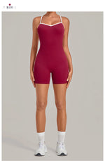 New Tight One-piece Yoga Suit Women Color Contrast Splicing Hollow Back Cross Sports Jumpsuit Outwear Slimming Fitness Bodysuits