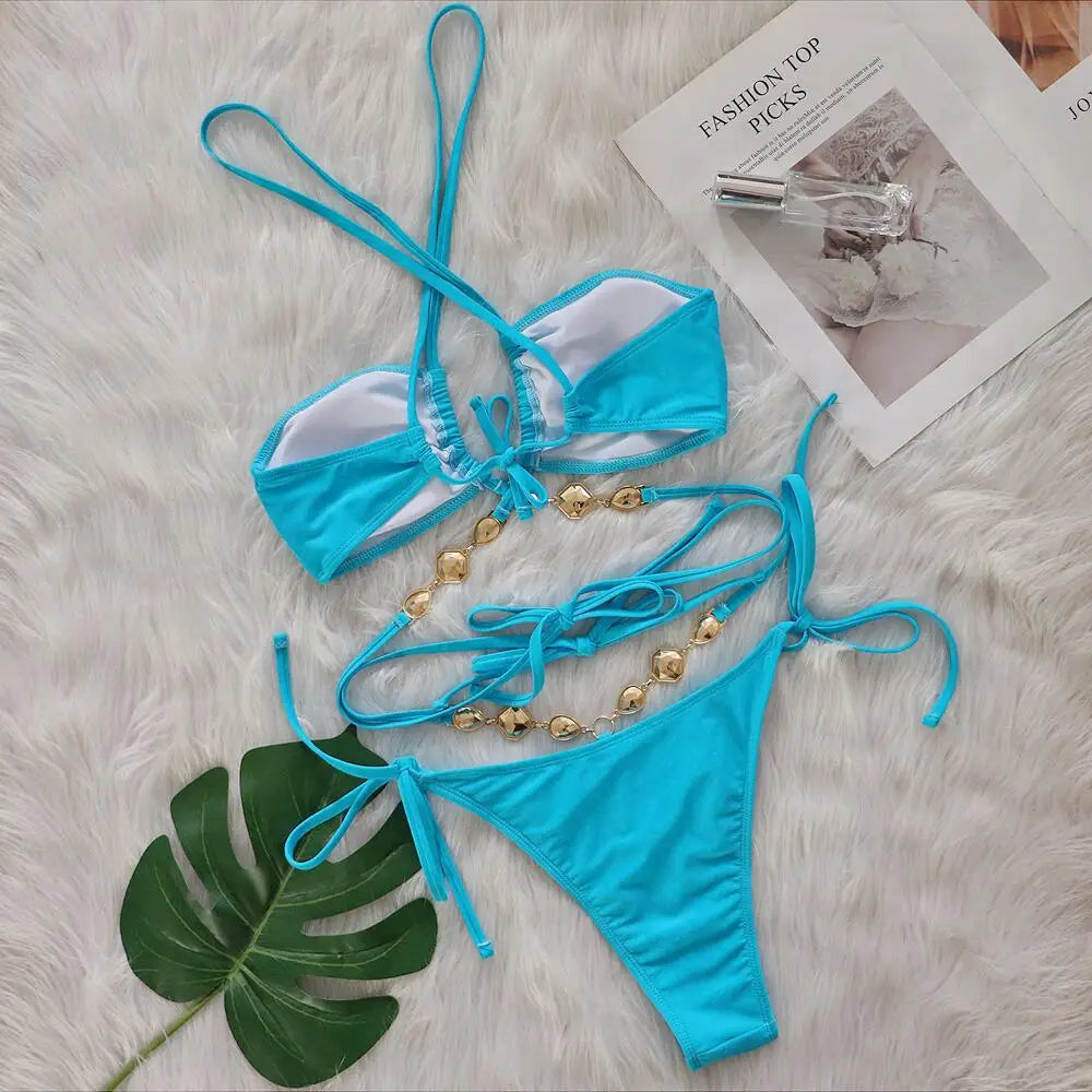 DEKA Brazilian Diamond Bikini Set Women Halter Blue Swimwear Female Swimsuit Bandage Bikini SetBathing Suit Swim Beach Wear