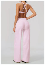 Summer 2 Piece Yoga Sets Women Tight Back Cross Sports Bra High Waist Peach Hip Wide Leg Pants Gym Running Fitness Workout Suits