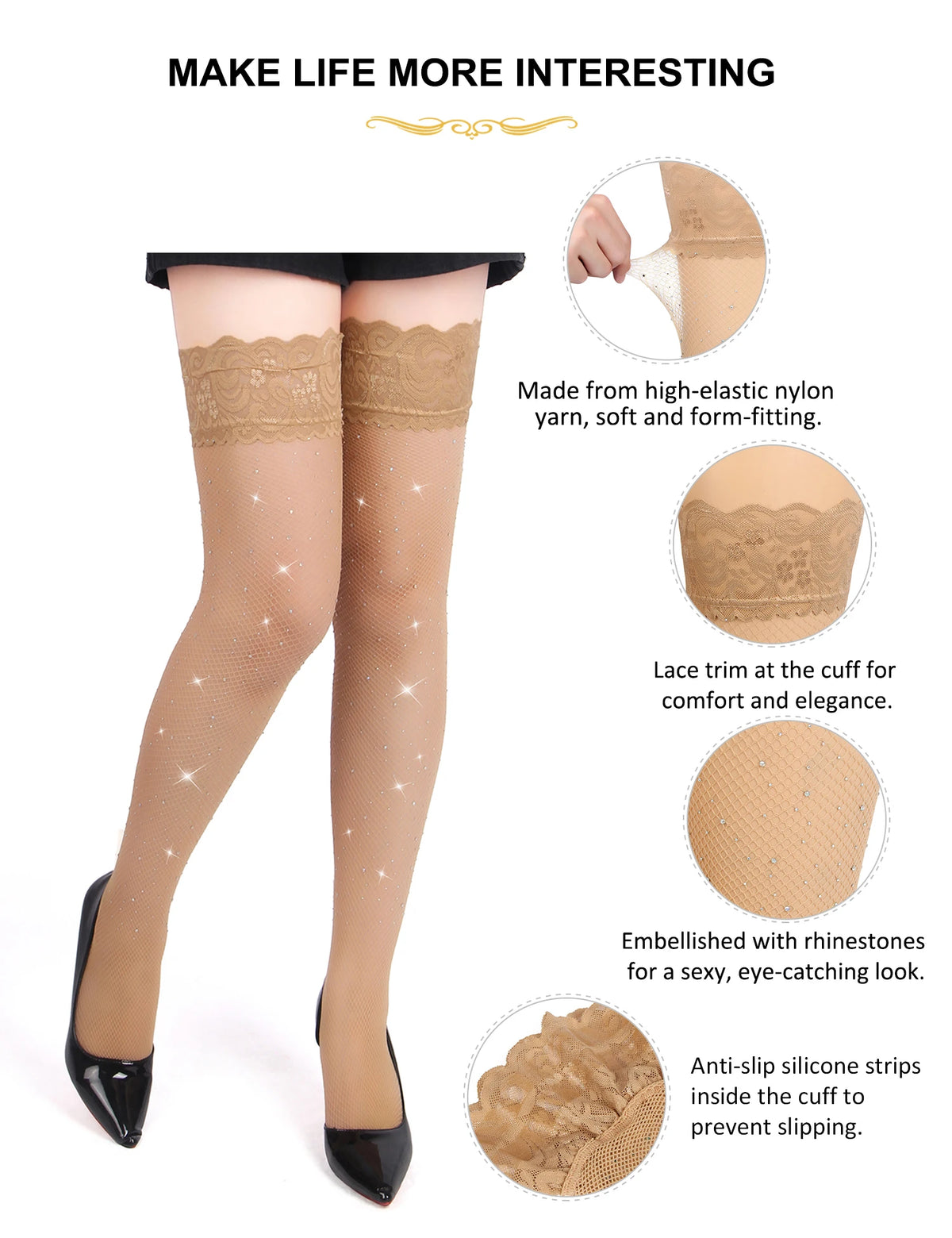 5XL White Stockings for Women Sexy Lace Shiny Rhinestone Small Fishnet Double Anti-Slip Silicone Tights Hot Thigh High Stockings