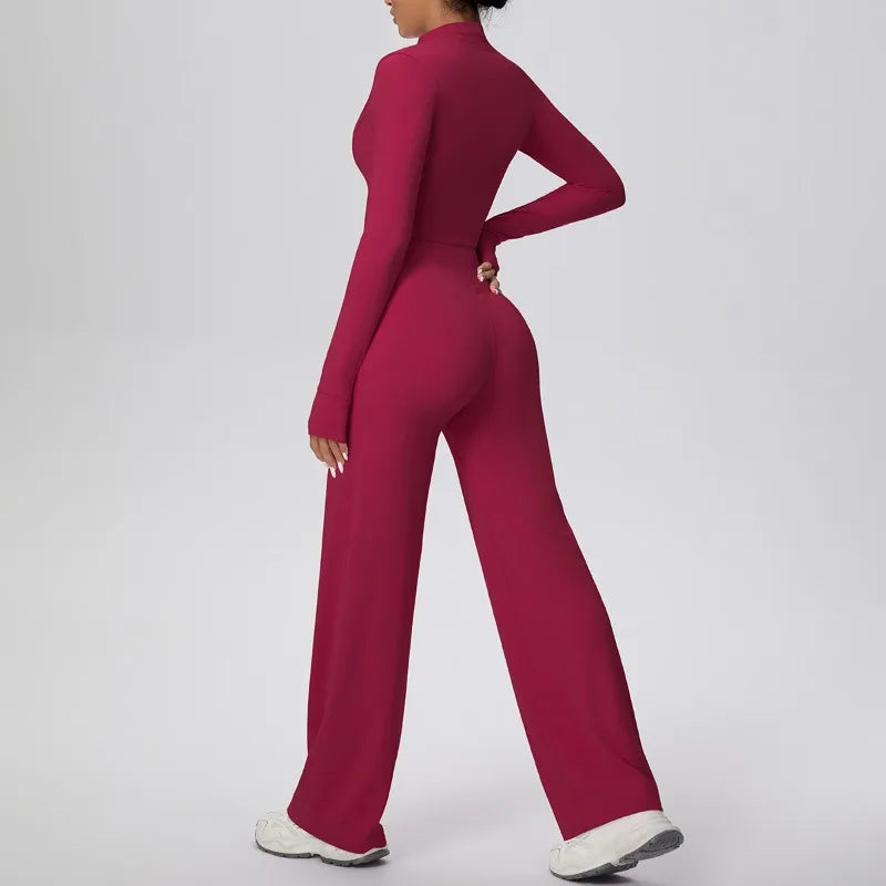 2 Pcs Women's Seamless Yoga Set Long-sleeved Wide-leg Pants Tracksuit Fitness Sports Set High-waisted Hip-lifting Slim-fit Suit