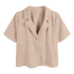 Women Cropped Short Sleeve Blazer Jacket Lapel Collar Buttons Loose Solid Suit Coat Summer Casual Office Outerwear With Pocket