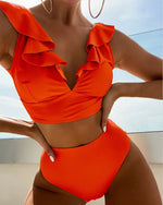Solid Color Sexy V-neck Ruffle Bikini 2026 Women 2 Piece Swimwear Push Up Padded High Waist Swimsuit Summer Beach Bathing Suit