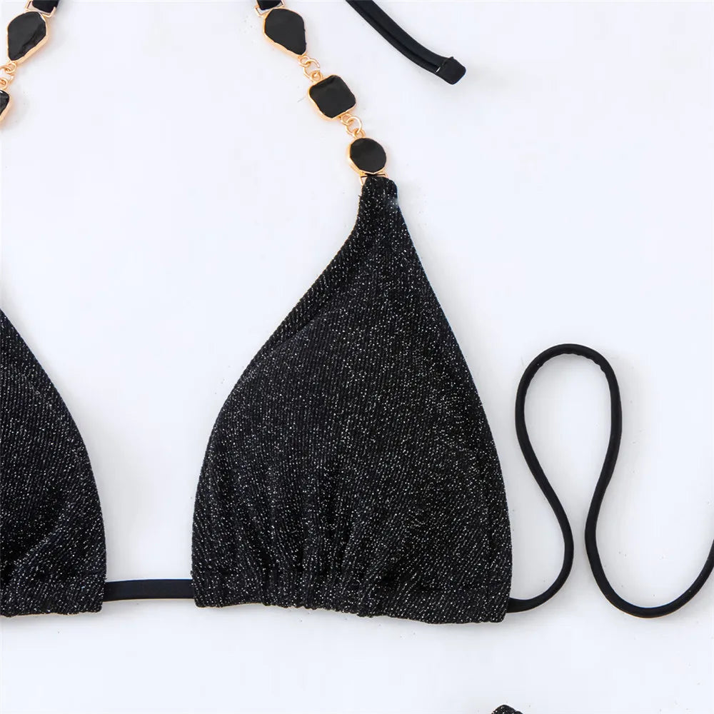 Sexy Black Shiny Swimwear Sarong String Halter Triangle Bikinis Sets 3 Pieces Rhinestone Swimsuit Women 2026 Bather Beachwear