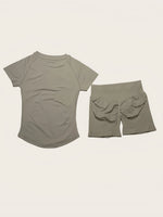 DFTLF Women 2PCS Seamless Yoga Suit Short Sleeve Top High Waist Shorts Quick Dry Breathable Gym Fitness Running Workout Sport