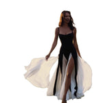 Color Matching Spaghetti Strap Dresses Women Sexy Low Cut Slim Slit Long Dress Fashion Party Prom Evening Vestidos Female