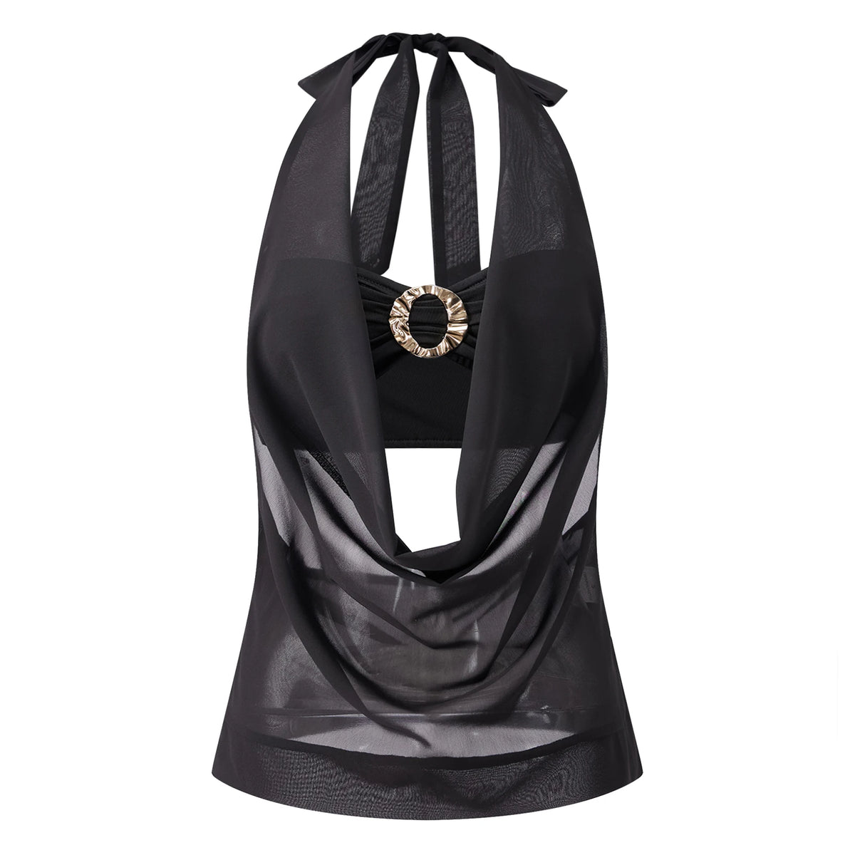 Summer Women Elegant 2 Piece Tops Mesh Sheer Halter Cowl Neck Sleeveless Vest with Buckle Tube Top Going Out Blouse Streetwear