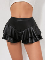 Women’s Summer Solid Color Faux Leather Ruffle Skorts Elastic High Waist Loose Shorts Casual Skirts