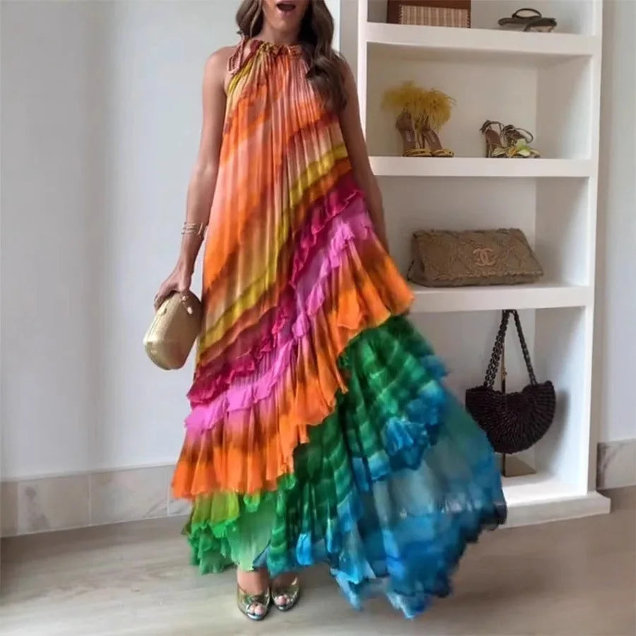 Rainbow Stripe Sleeveless Long Dresses Women Fashion Fold Layered Loose A-line Maxi Dress Temperament Lady Commuting Vestidos