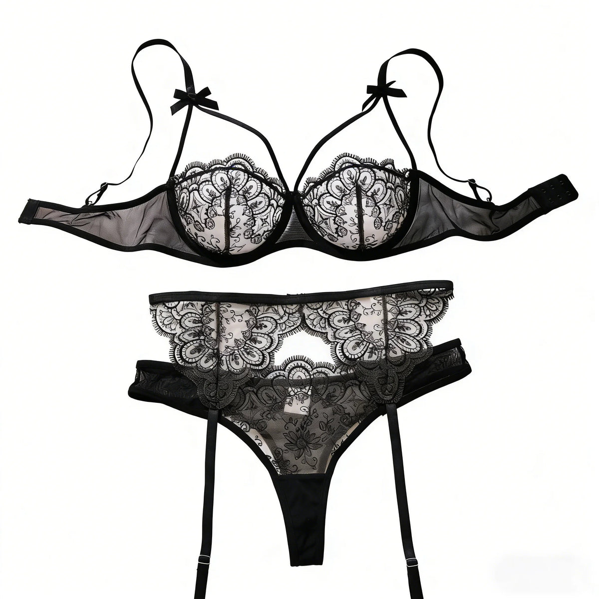 Black Thigh-High Stockings With Sexy Lace Single-Layer Thin Embroidered Lingerie Set, French-Style Pure Passion ZA825205