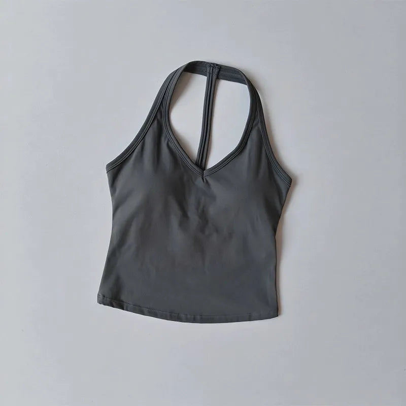 Women's Summer V-Neck Yoga Sports Vest Hanging Back Neck Design Outdoor Running Training Gathered Fit Active Wear Top