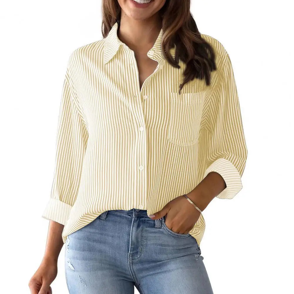Women Shirt Lapel Long Sleeve Women's Shirts Single Breasted Shirt Tops with Patch Pocket Office Tops