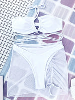Wrap Around with Mesh Sarong Skirt Bikini Female Swimsuit Women Swimwear Three-pieces Bikini Set Beachwear Bathing Suit Swim