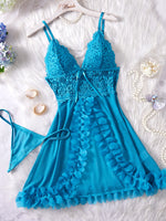 Transparent Hot Sexy Lingerie Women's Underwear See Through Flower Edging Lace Nightdress And Thongs Pijamas Sets Female Nighty