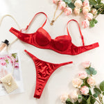 2 Pcs Sexy Bra Set Women Underwear Underwire Push Up Satin Patchwork Bras and Thongs Suits Attractive Bilizna Intimate Set