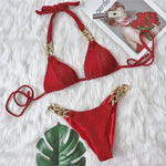 9 Colors Sexy Bikini Women Shining Fabric Golden Rhinestone Chain Swimwear Swimsuit Solid Halter Bikinis Set Bathing Suit Female