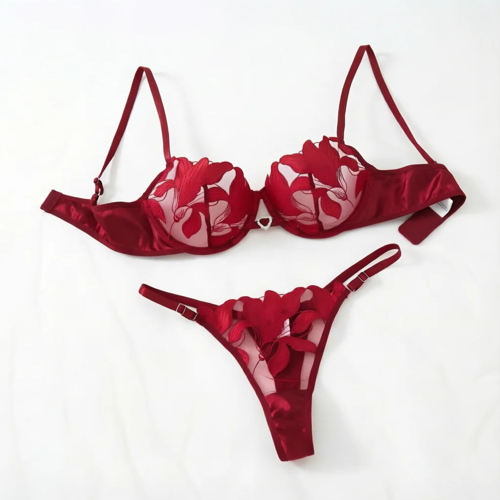 Transparent Floral Two Pieces Exquisite Lace Lingerie Set Ultrathin Bra Briefs Set Solid Exotic Lingerie For Ladies 23171A