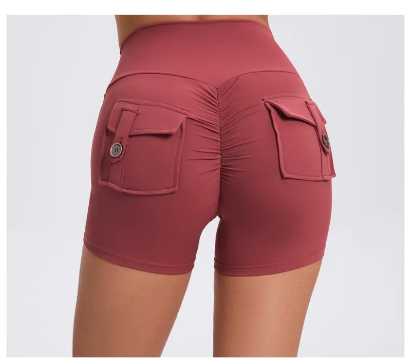 Women's Peach Lifting Yoga Shorts - High Waisted Stretchy Workout Shorts with Button Quick-Dry Tummy Control for Running Fitness
