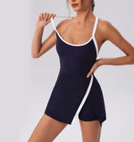 Color Contrast Tennis Dresses Women Beautiful Back Hollow Back Cross Split Skirt Pocket Sports Fitness One-piece Yoga Golf Suit