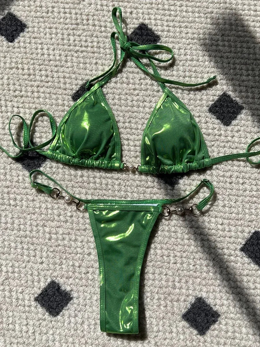 PU Leather Pearls Bikini Mini Micro Thong Bikinis Women Swimwear Female Swimsuit Two-piece Bikini Set Halter Bathing Suit Swim