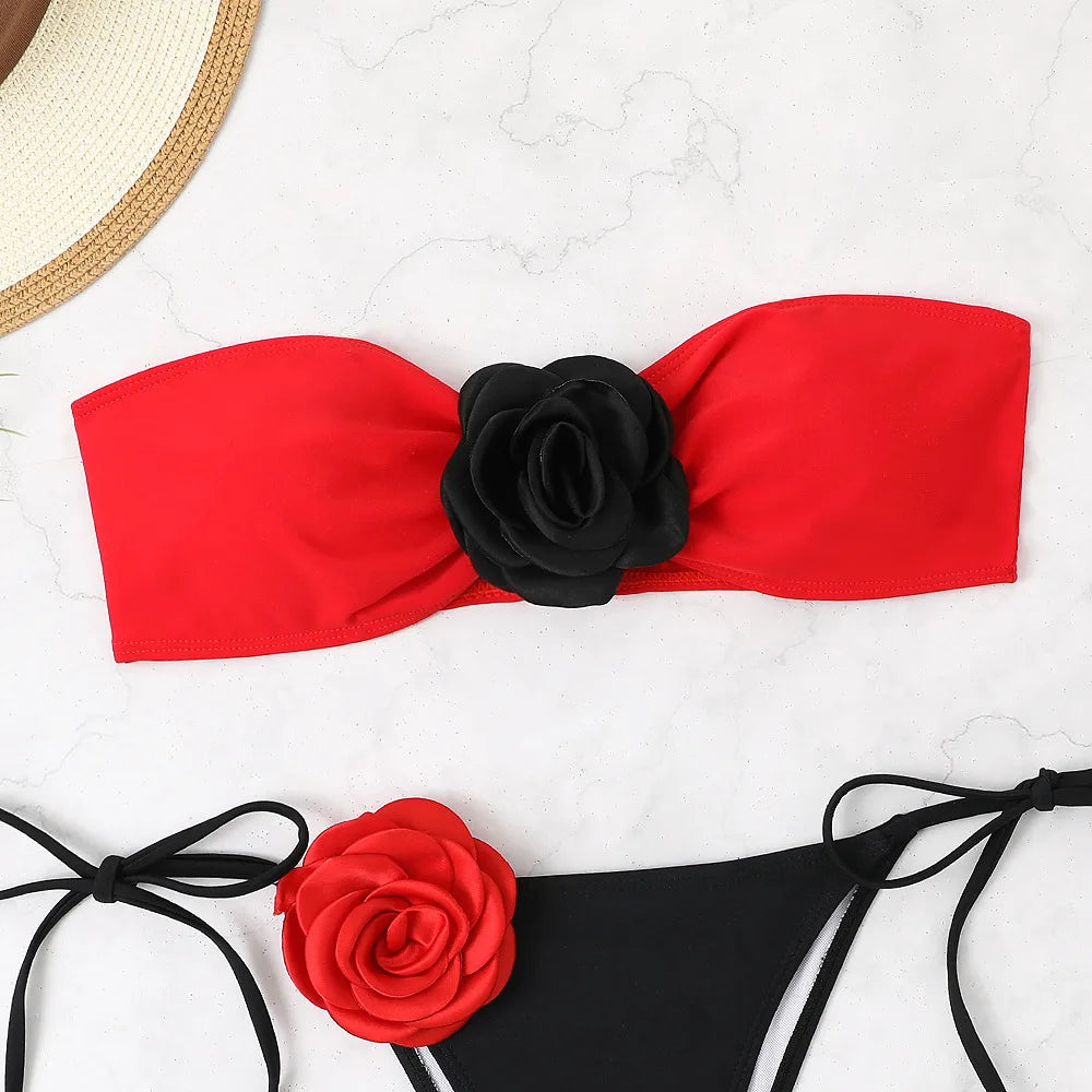 Sexy Bikini Set 2025 Bandeau 3D Flower White Black Contrast Push Up Micro Swimsuit Brazilian Cut Out Bathing Suit Thong Swimwear