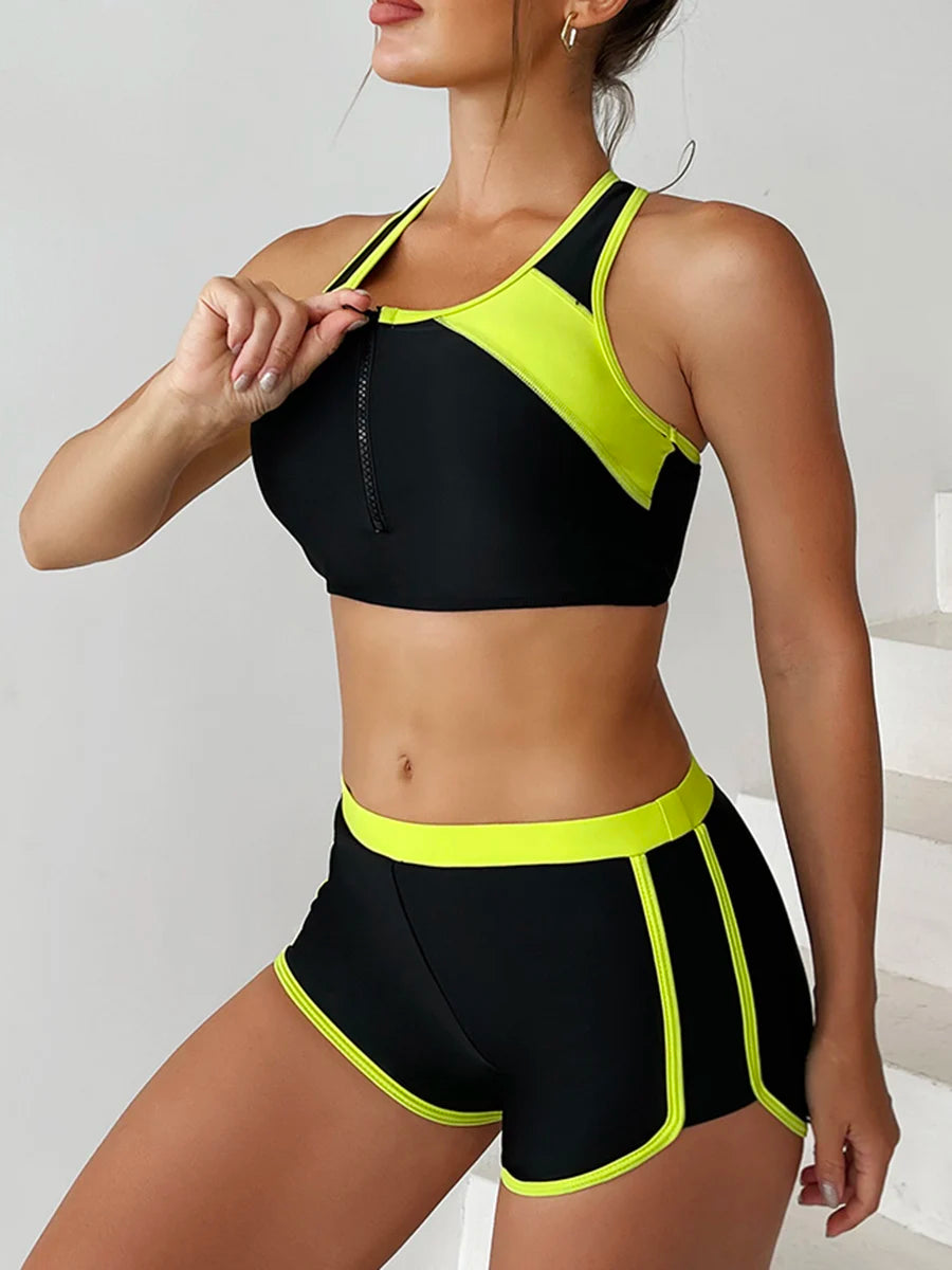 2026 Zipper Bikini Set Two Piece Swimsuit Women With Shorts Sports Swimwear Female Bathing Swimming Suit Beach Wear Summer