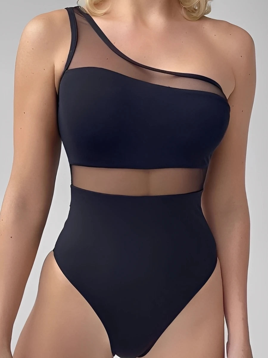2026 Mesh Swimsuit One Piece Shoulder Sexy Solid Swimwear Women Black Bathers Bathing Swimming Swim Suit Beachwear Summer XXL