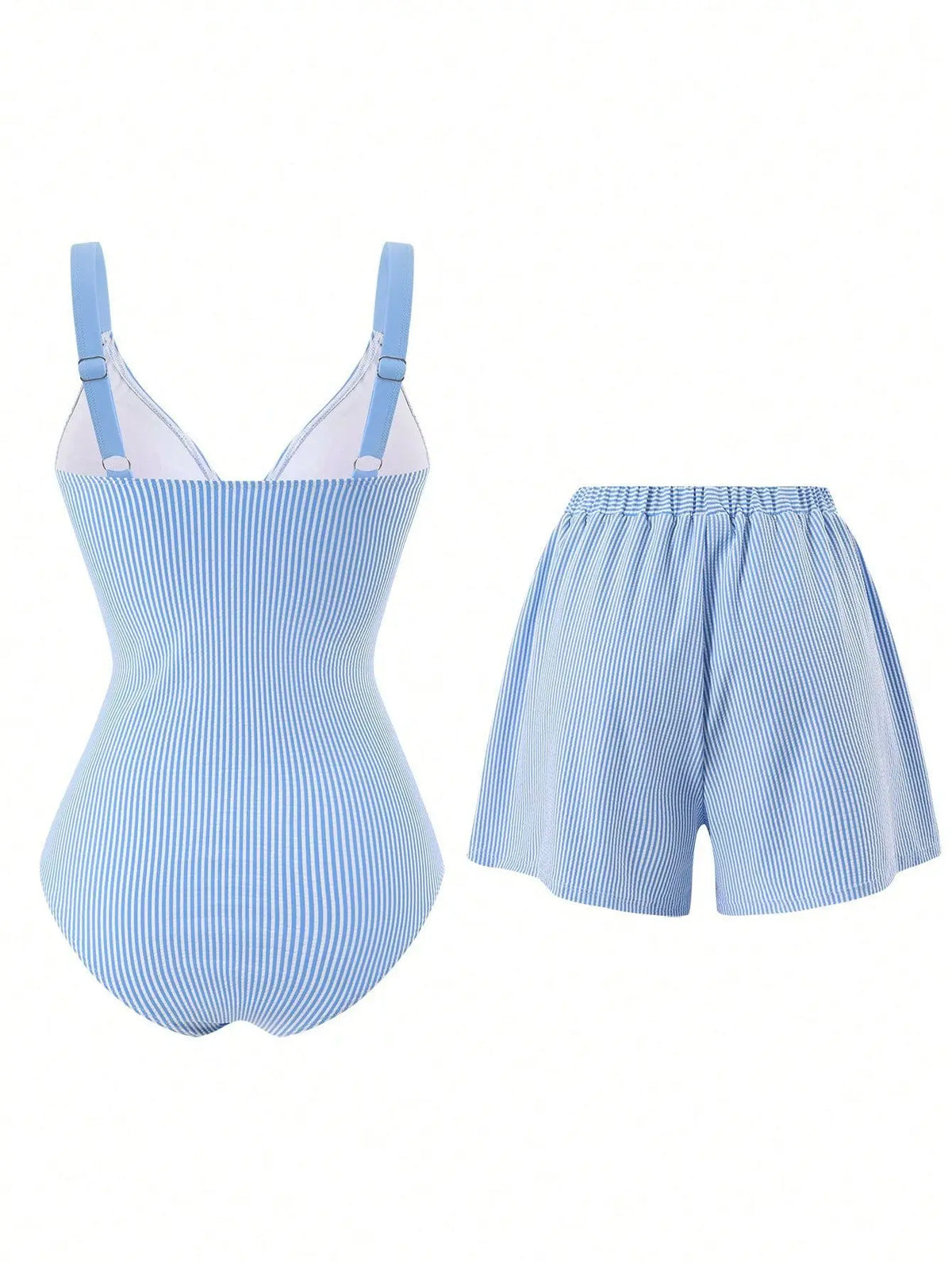Vintage Blue Striped Swimwear Women Drawstring Shorts Sets 2026 V Neck Cross Slimming Bathing Suit Holiday One Piece Swimsuit