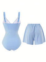 Vintage Blue Striped Swimwear Women Drawstring Shorts Sets 2026 V Neck Cross Slimming Bathing Suit Holiday One Piece Swimsuit