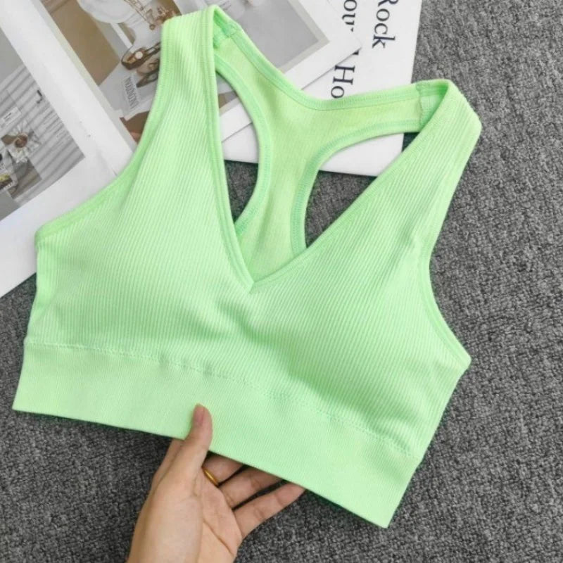 2Pcs/Set Women Deep V Neck Y-Back Padded Tank Bra Rib Cropped Tank Bralette Racerback Strap Daily Inner Top One Size Underwear