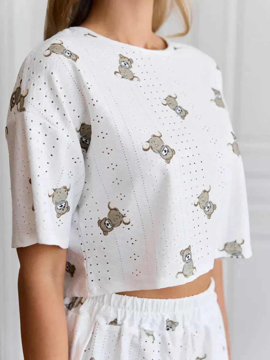 Women Pajamas Set Women's Short Sleeve Shorts Jacquard Print Summer Fashion Two-piece Pajamas Homewear Set Loungewear for Women