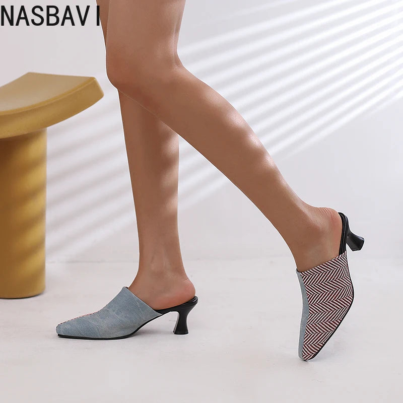 NASBAVI New Breathable Hollow Slippers Stone Pattern Leather Pumps Women Chunky Heels Mules Black Dress Shoes Big Size 45 46 47