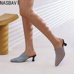 NASBAVI New Breathable Hollow Slippers Stone Pattern Leather Pumps Women Chunky Heels Mules Black Dress Shoes Big Size 45 46 47