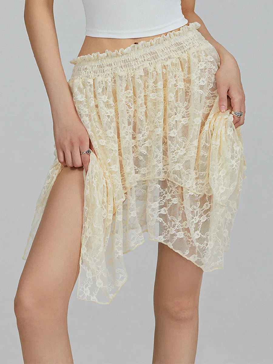 Women's Lace Skirts High Waist Irregular Hem Skirts Summer Korean Fashion Gothic Sexy Club Beach Skirts